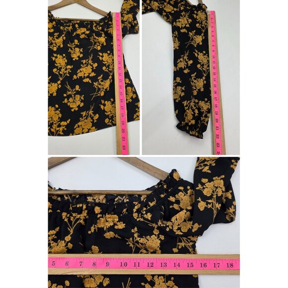 Off The Shoulder Blouse Yellow Floral Long Sleeve Top XS Boho cottagecore - Picture 7 of 13
